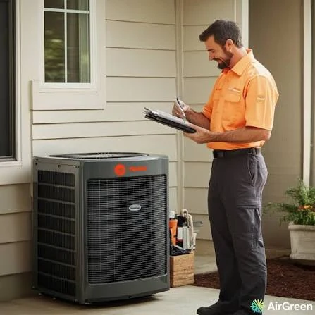 Technician recording an inspection beside an outdoor air conditioner