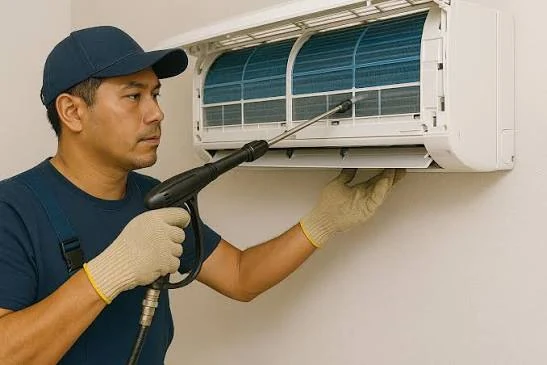 Technician cleaning the coil of a wall-mounted air conditioner