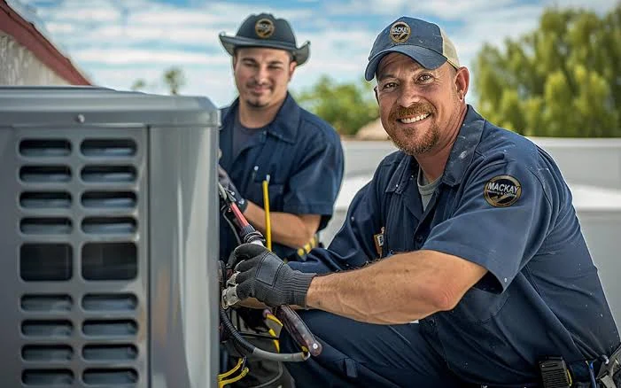 Two technicians working beside an outdoor air conditioning unit