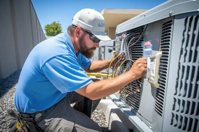Technician working on an outdoor heating and cooling unit